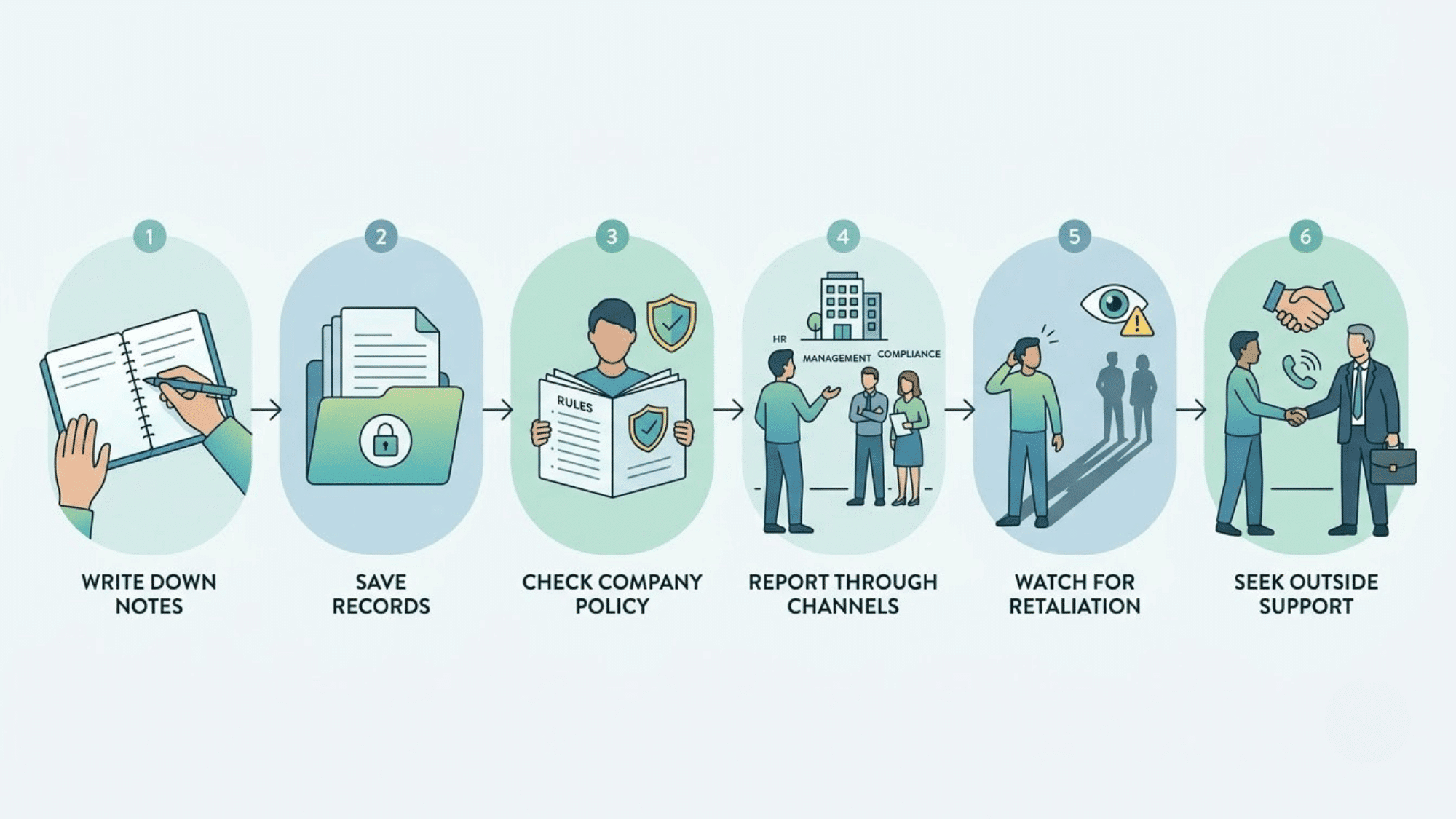 six steps show how employees can record and report unethical workplace behavior safely and seek outside support