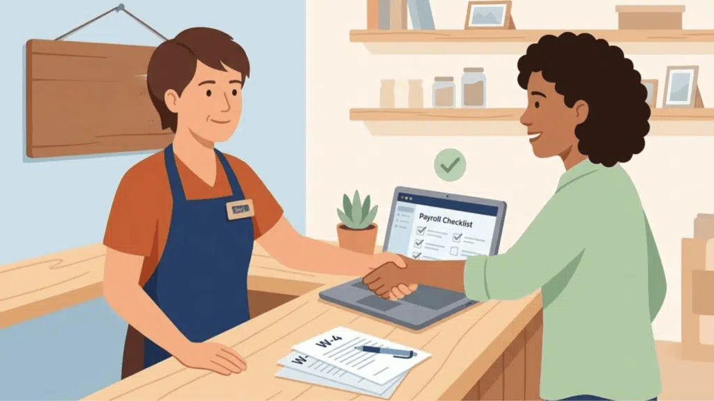 sole proprietor hiring an employee, illustrated with handshake and w-4, i-9 forms on desk