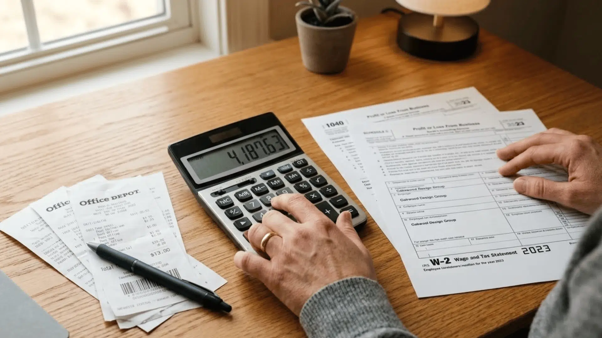 person using a calculator with W-2 and Schedule C forms while filing statutory employee taxes