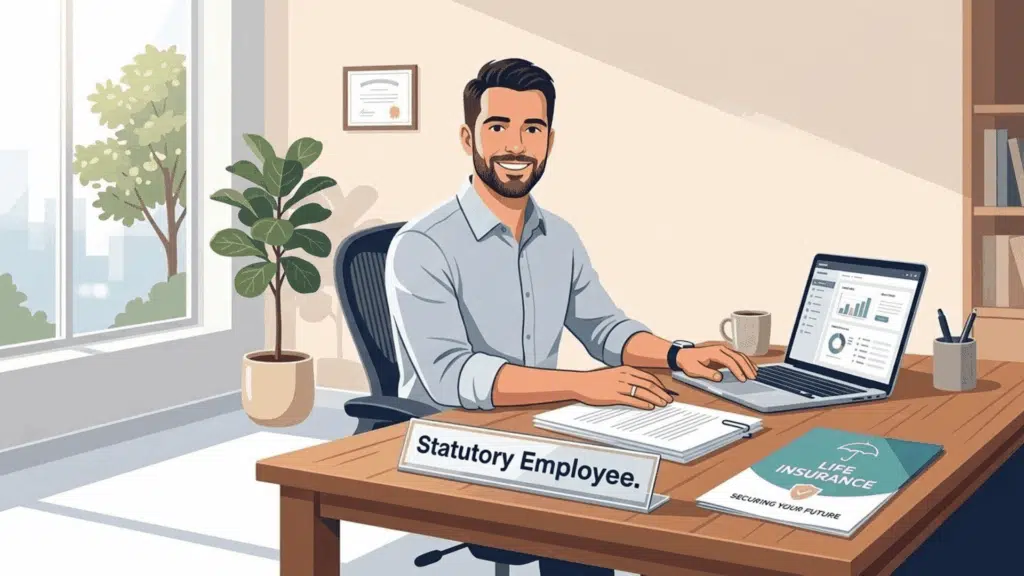 illustration of a life insurance agent at his desk with a statutory employee name tag