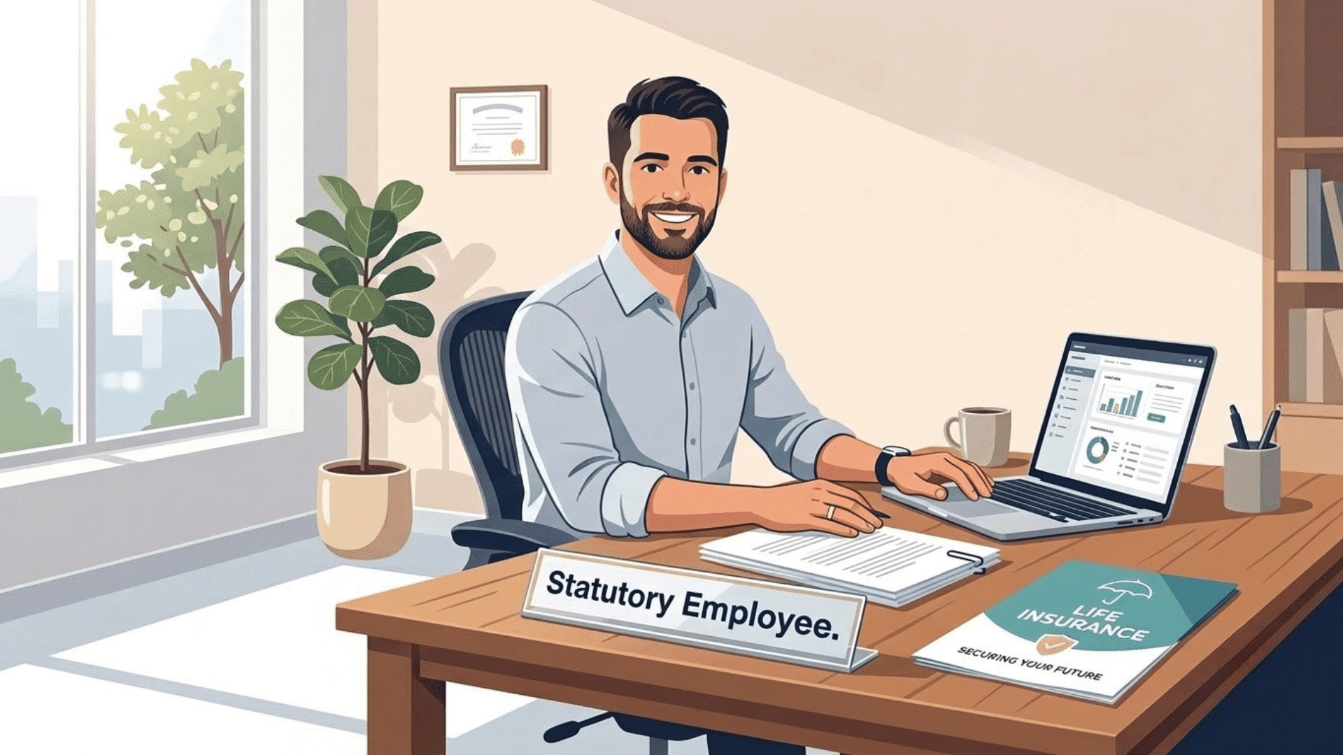 illustration of a life insurance agent at his desk with a statutory employee name tag