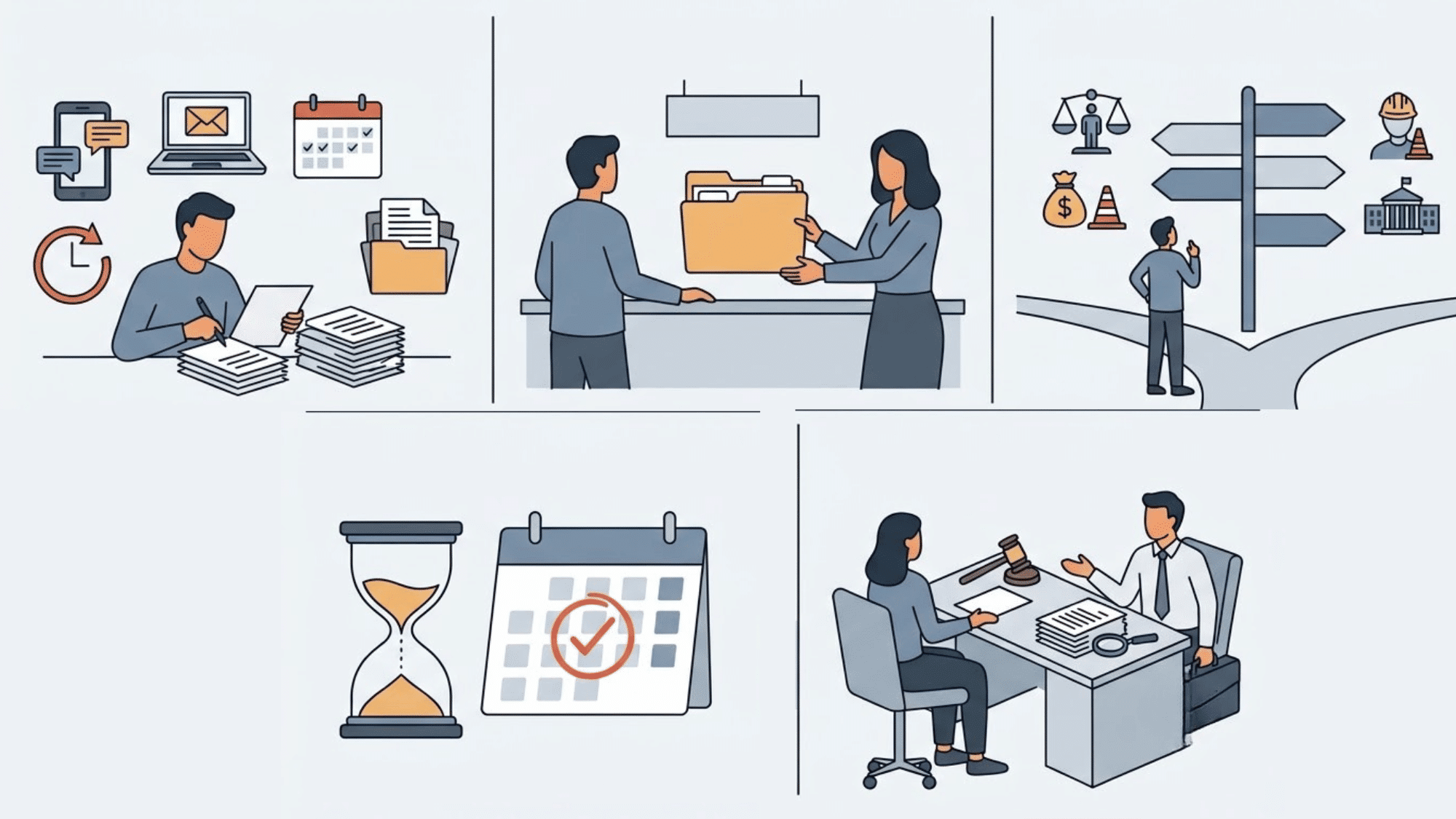 an illustrated collage showing the steps to take legal actions during a wrongful termination