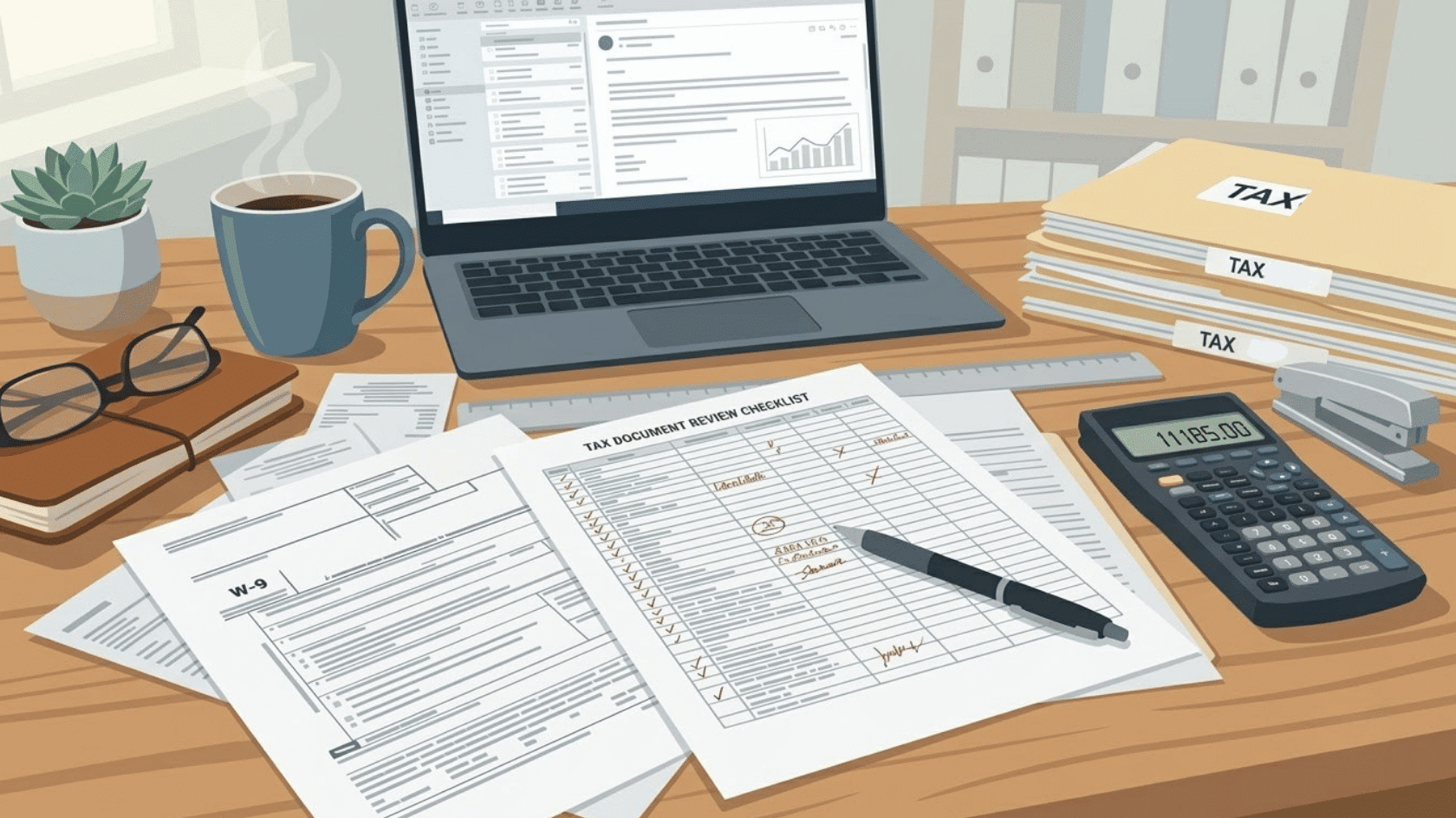 tax documents, w-9 form, calculator, laptop, and office supplies arranged on a desk