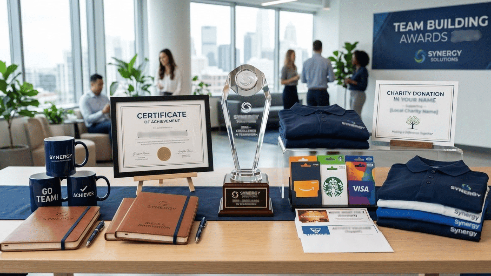 coworkers celebrating with prizes after winning an office scavenger hunt