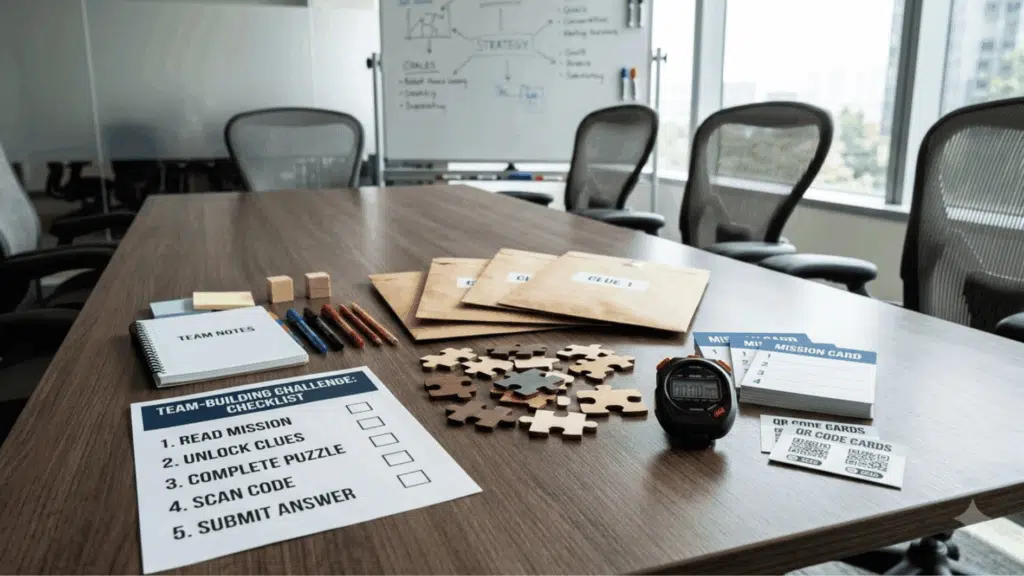 a corporate team-building activity kit arranged on a conference room table