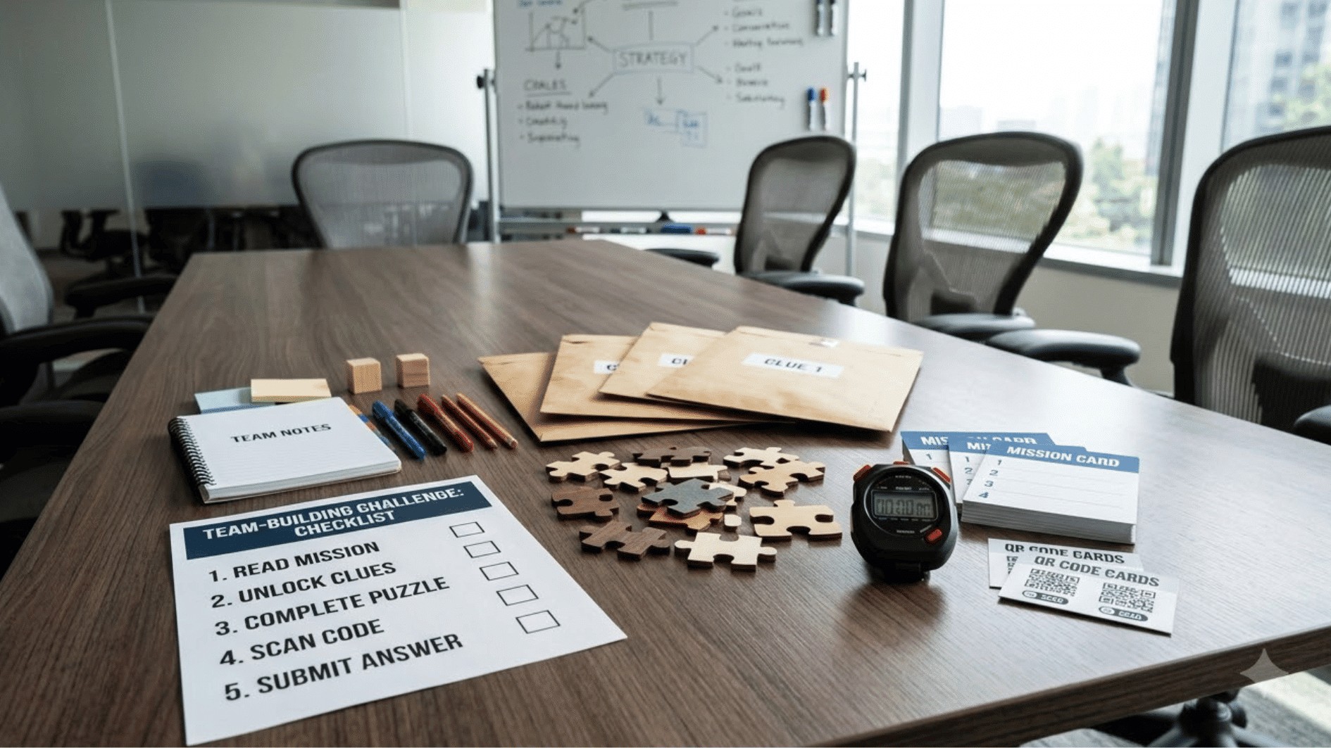 a corporate team-building activity kit arranged on a conference room table