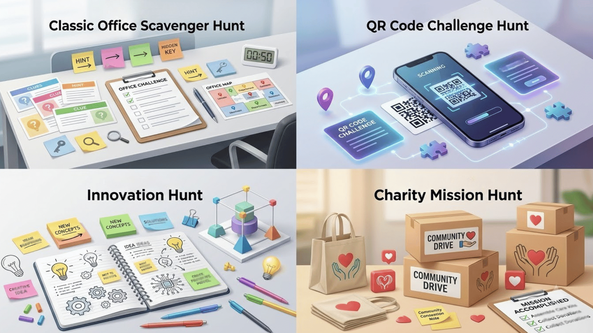 a modern four grid collage illustration showing different types of team-building scavenger hunts