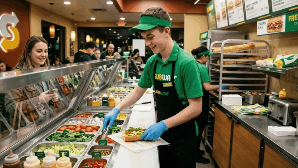 a subway employee standing behind a sandwich counter inside a Subway restaurant