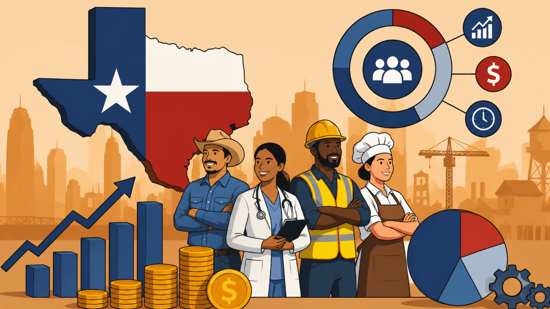 illustrated texas workforce infographic with diverse workers wage symbols charts and employment icons