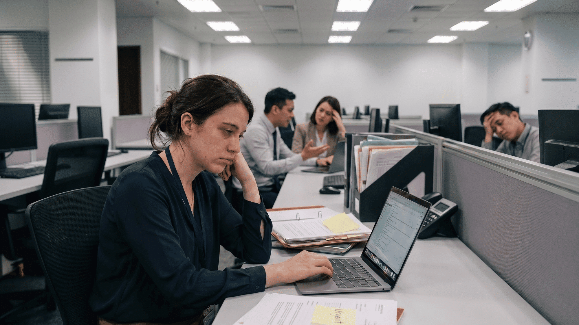 stressed employee working at a laptop while coworkers appear tense in a quiet open office with cubicles