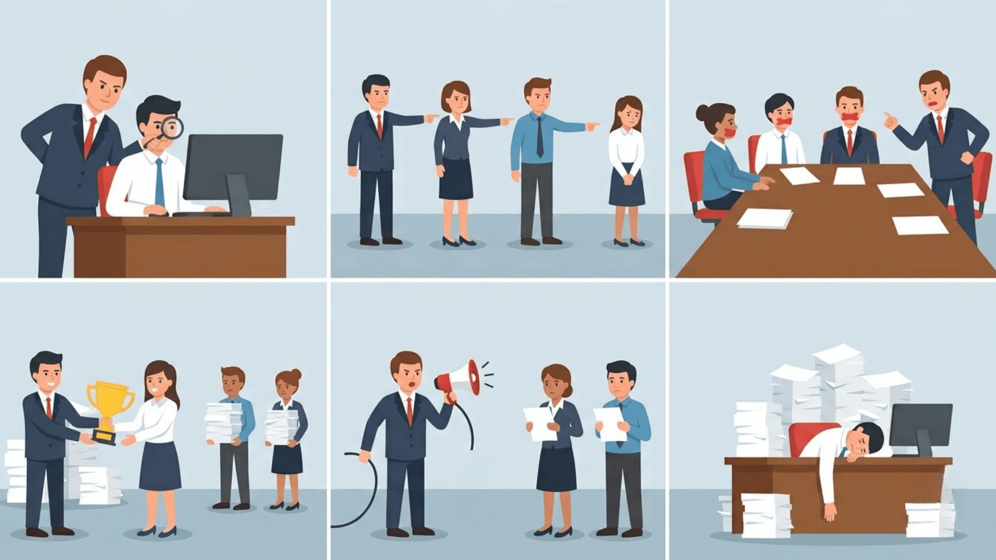 flat collage showing micromanagement blame favoritism public criticism and burnout in a toxic workplace