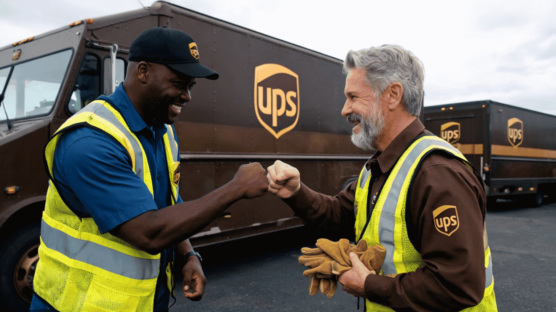 Two UPS workers fist-bumping near delivery trucks, highlighting a key UPS benefit of team camaraderie.