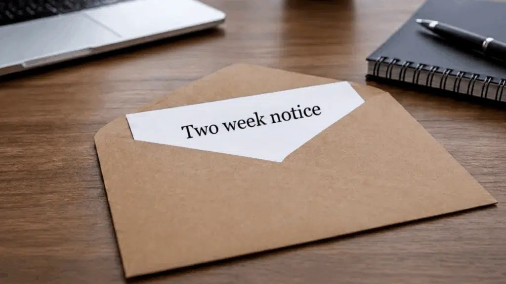 two week notice letter in an open envelope on a corporate office desk with a laptop and notebook