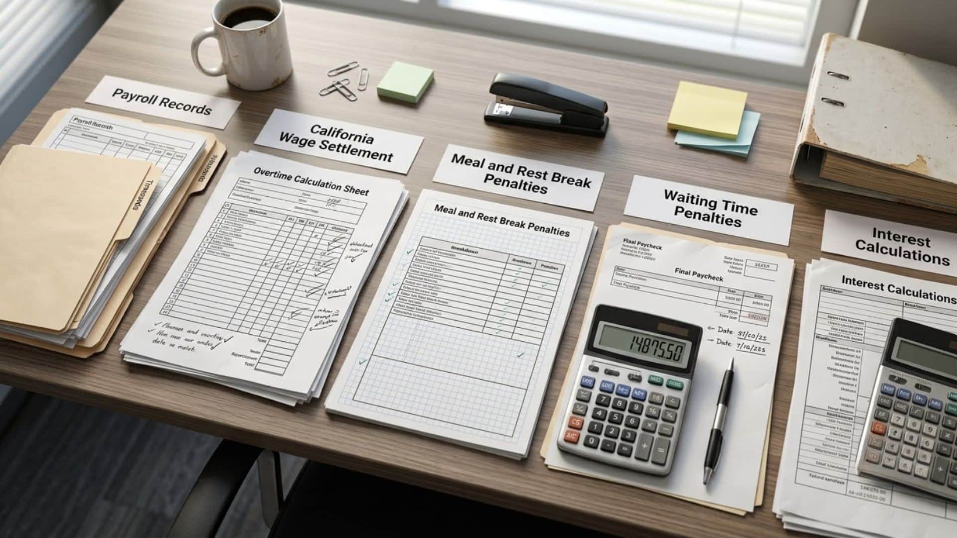 unpaid wage settlements calculated in California with payroll records, timecards, calculator, and wage claim documents on an office desk
