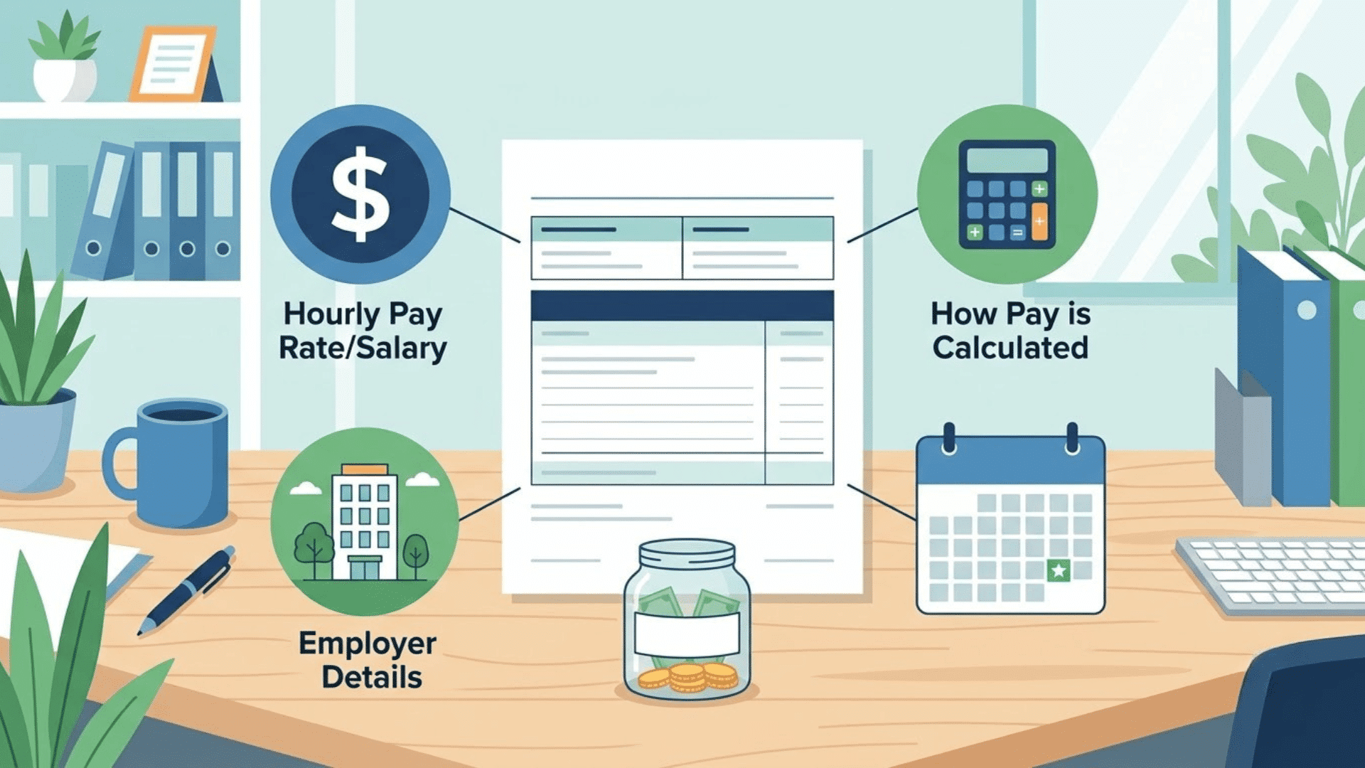 illustration showing key details required in a <echighlighted>wage theft prevention notice</echighlighted>, including pay rate, payday, and employer information