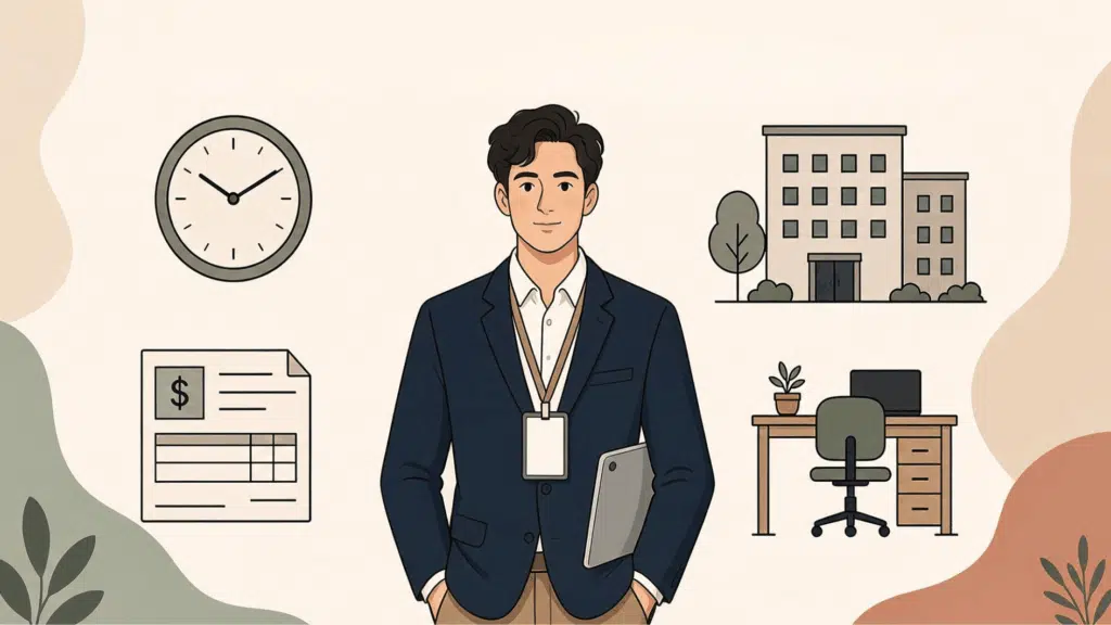 illustration of an employee wearing a company ID badge, surrounded by icons for set hours, a fixed workplace, and a regular paycheck