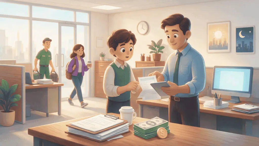 employee and manager reviewing differential pay details in a bright office with shift workers nearby
