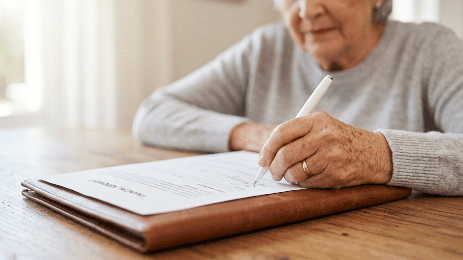 an elderly woman signs an official financial agreement document with a white pen at a wooden table