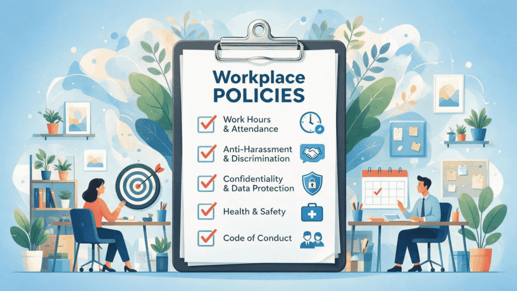 an illustration of a large clipboard listing workplace policies between two employees at office desks