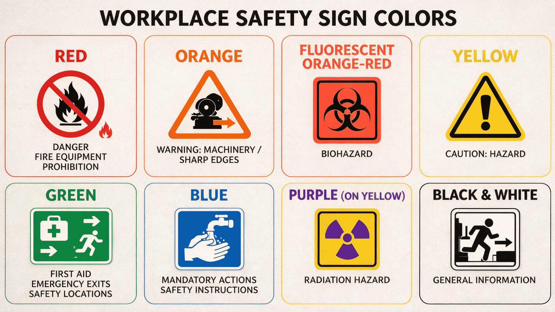 workplace safety sign colors and their meanings for hazards, mandatory actions, first aid, radiation, and general information