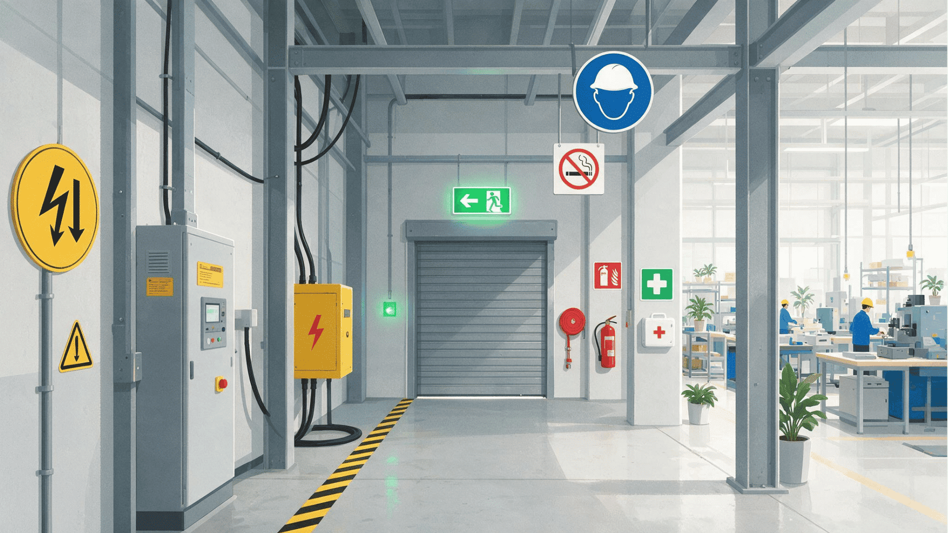 workplace safety signs for electrical hazards, required helmets, emergency exits, fire equipment, and first aid in a factory