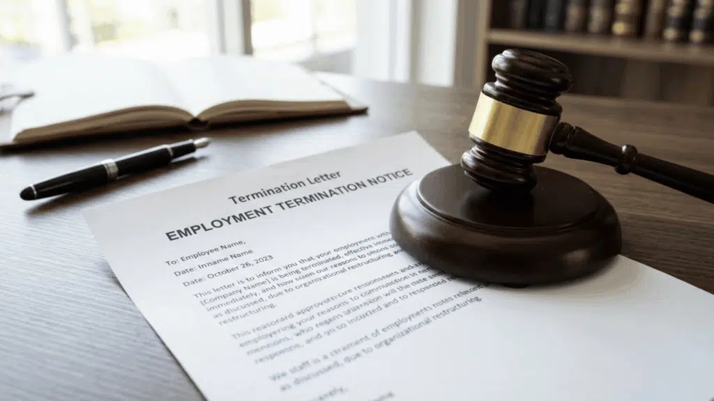 wrongful termination letter with judge gavel showing employment dispute legal process