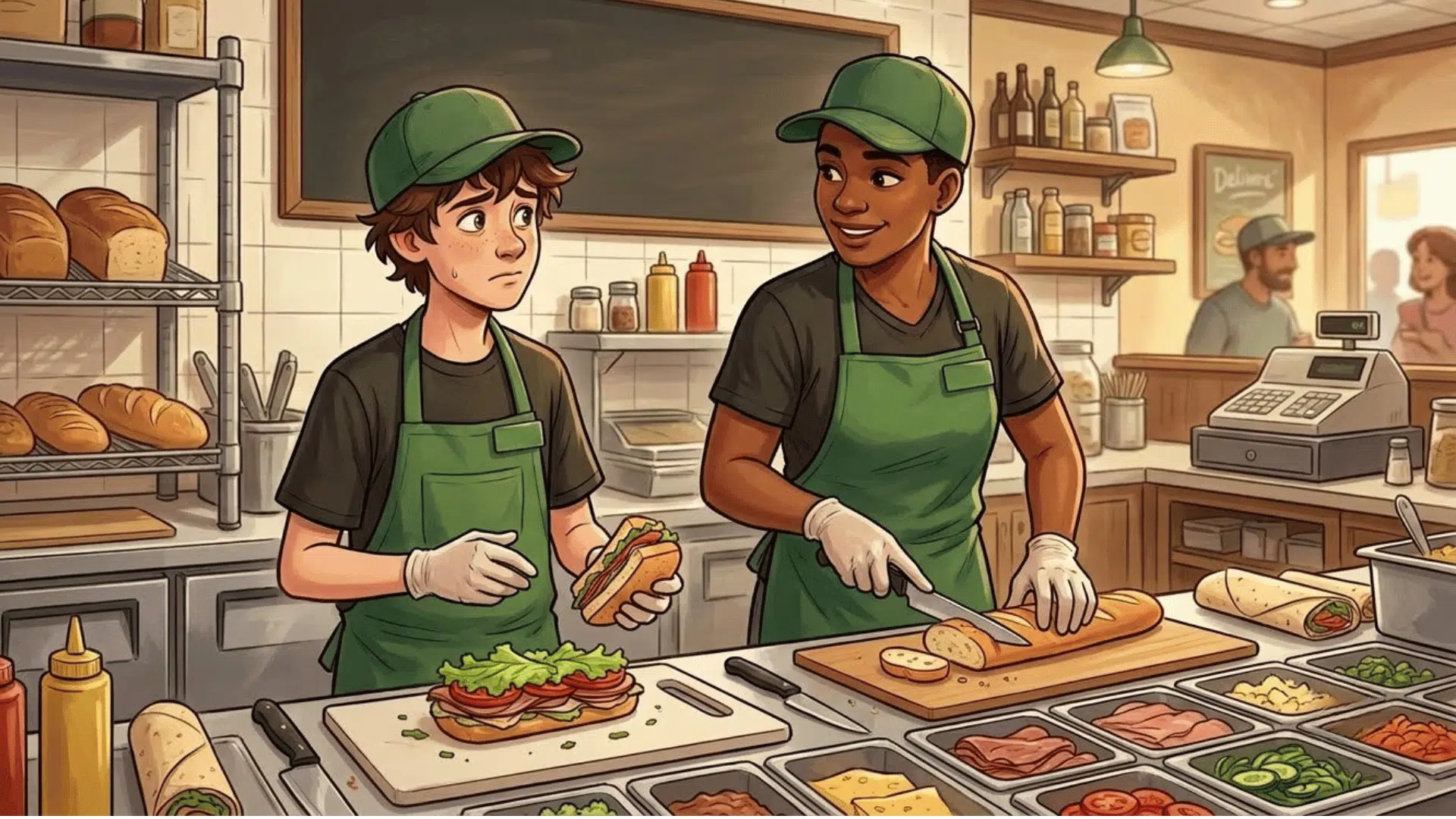 young teen employee working beside an older coworker behind a sandwich shop counter