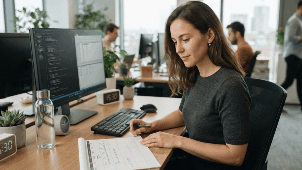 woman sitting in office checking weekly working hours schedule