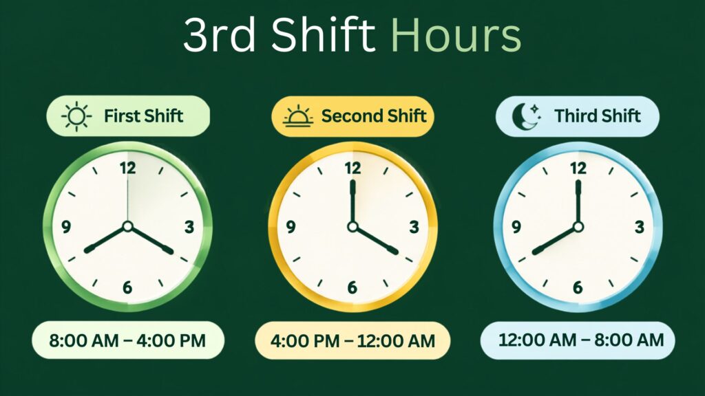 3rd shift hours infographic showing first second and third shift schedules with clock timings on a dark green background