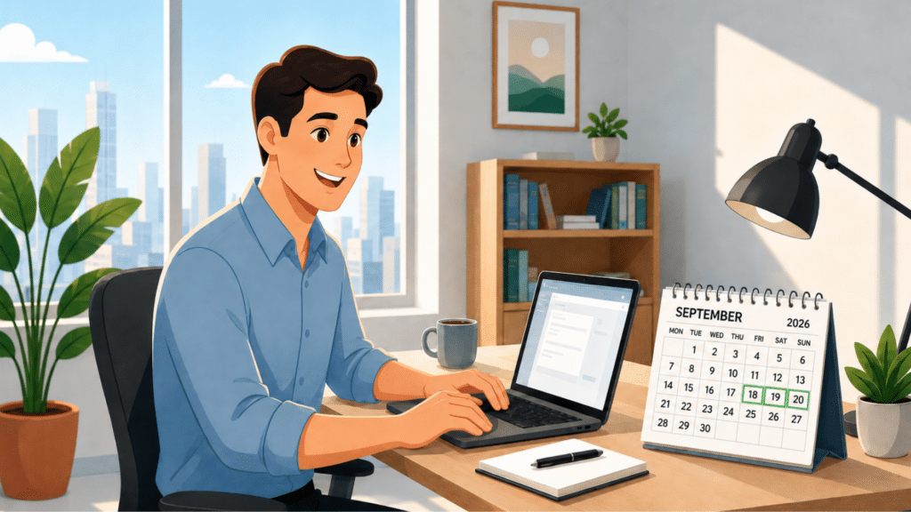 happy employee working at a desk beside a calendar highlighting an upcoming three-day weekend.