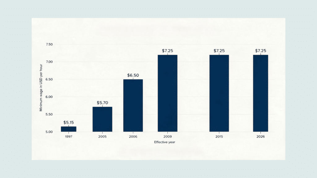 Wisconsin minimum wage bar graph showing increases from $5.15 in 1997 to $7.25 from 2009 through 2026