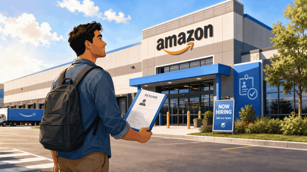 job applicant holding a resume outside an Amazon fulfillment center with a Now Hiring sign.