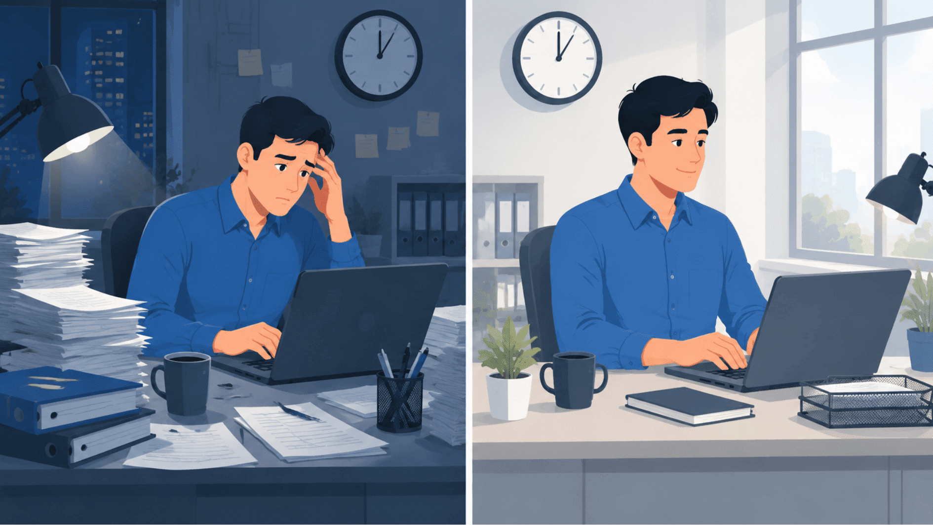 Split office illustration showing an overwhelmed employee working late and another maintaining balanced work boundaries during regular hours