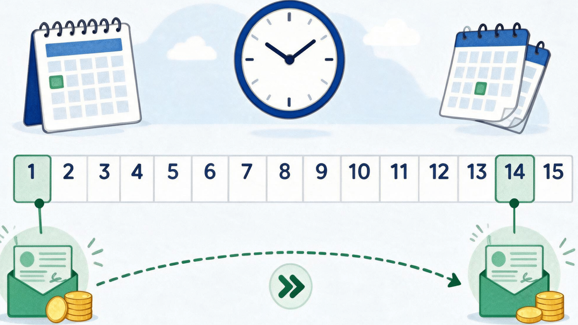 Biweekly pay timeline showing paychecks spaced 14 days apart with calendar and clock icons.