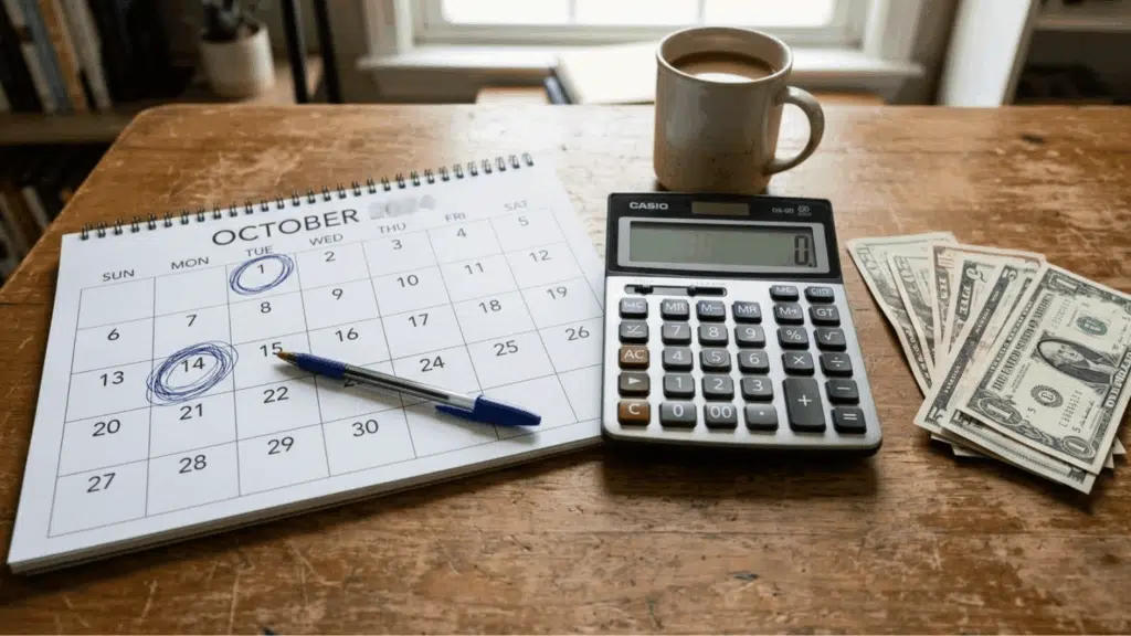 calendar with two biweekly paydays marked beside a calculator and cash