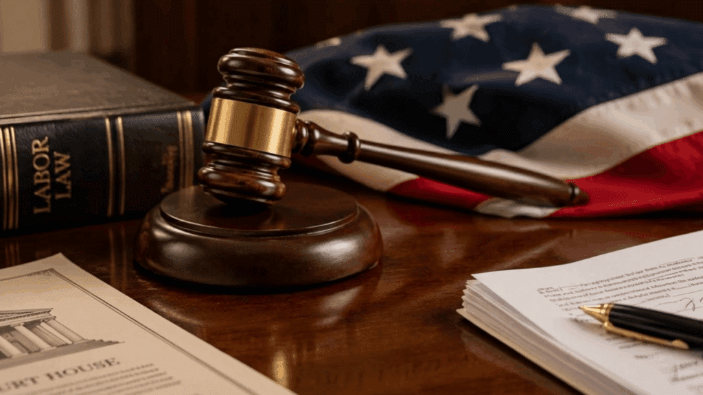 a wooden gavel resting on a dark wood desk beside a brass nameplate reading child labor laws