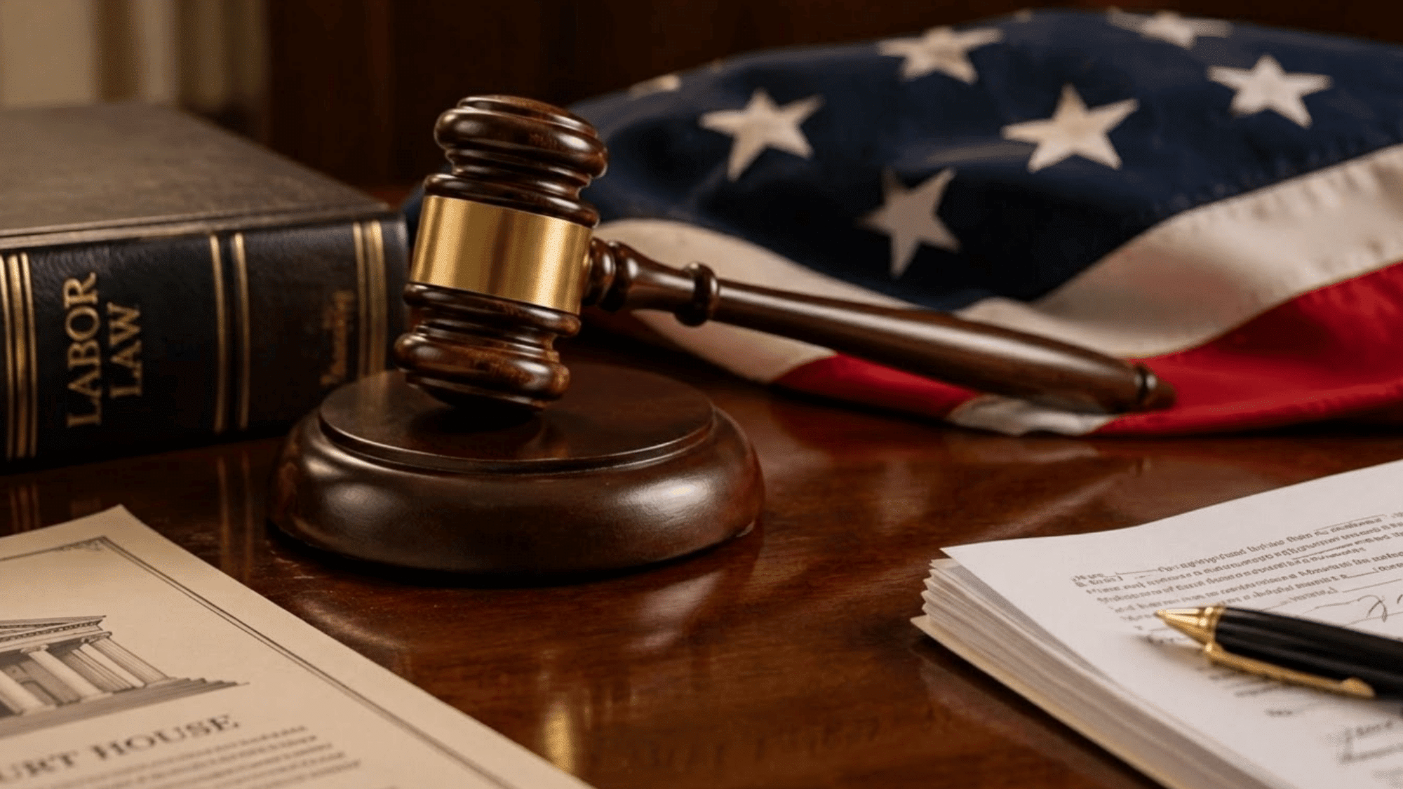 a wooden gavel resting on a dark wood desk beside a brass nameplate reading child labor laws