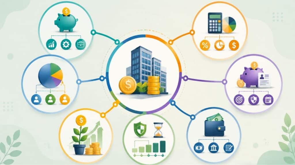 Mind map illustration showing how profit sharing connects employer contributions, retirement savings, and employee benefits