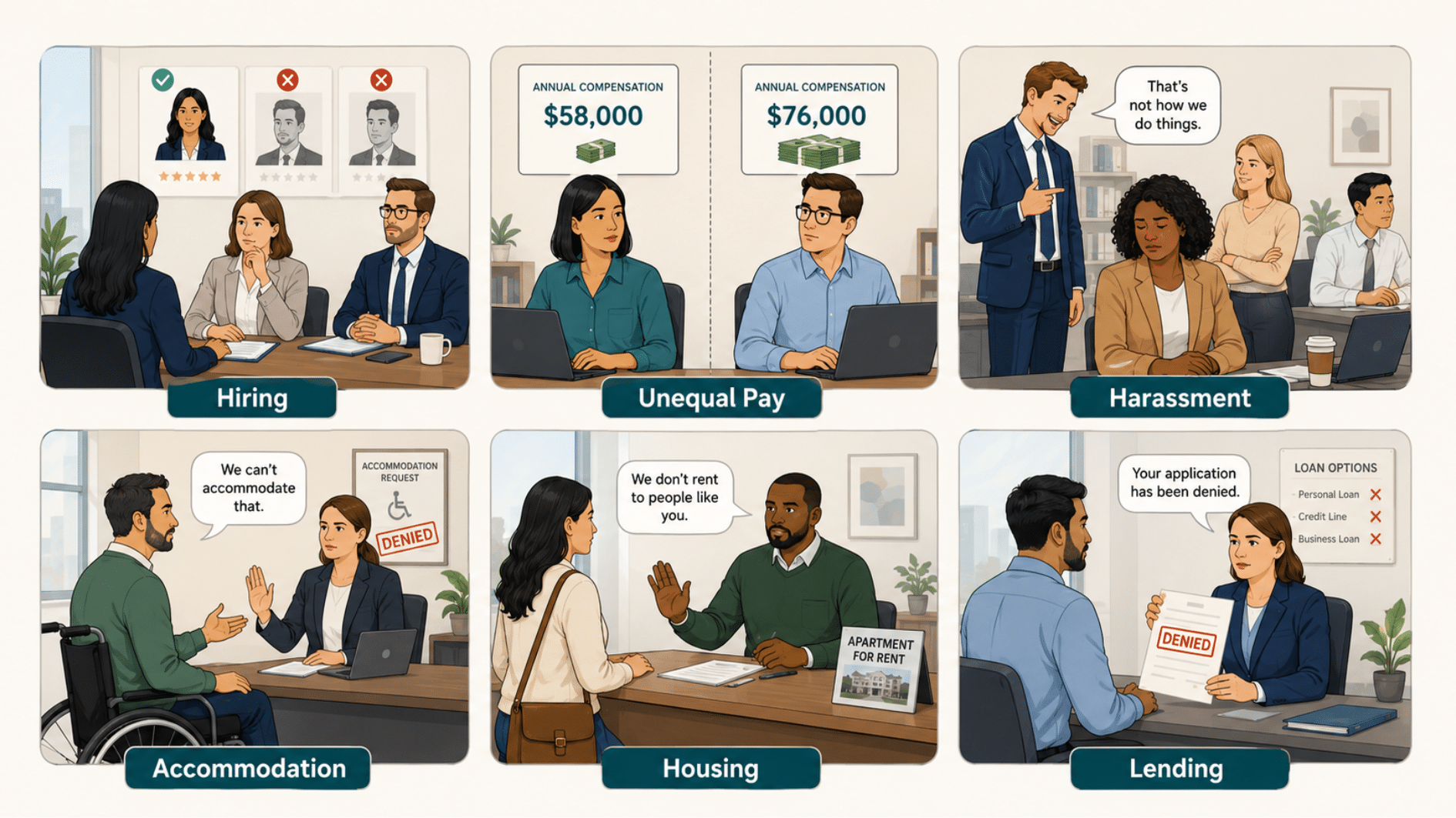 illustration showing examples of discrimination in hiring, pay, harassment, workplace accommodations, housing, and lending