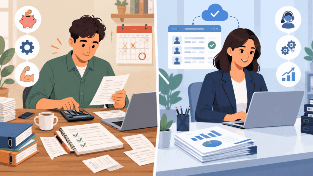 illustration comparing DIY payroll by a small business owner with professional payroll services using automated tools and support