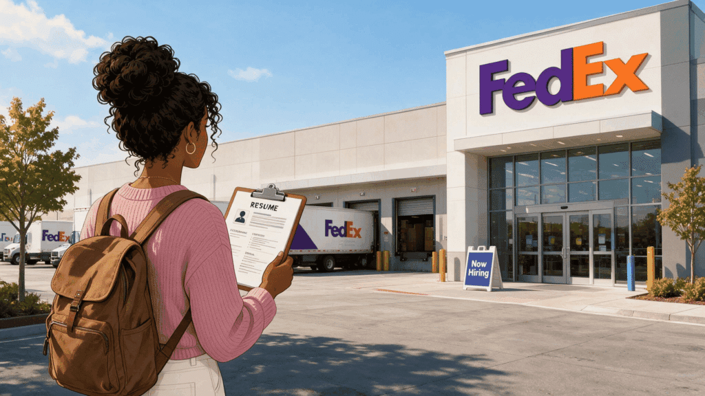 job applicant holding a resume outside a FedEx distribution center with a now hiring sign and delivery trucks