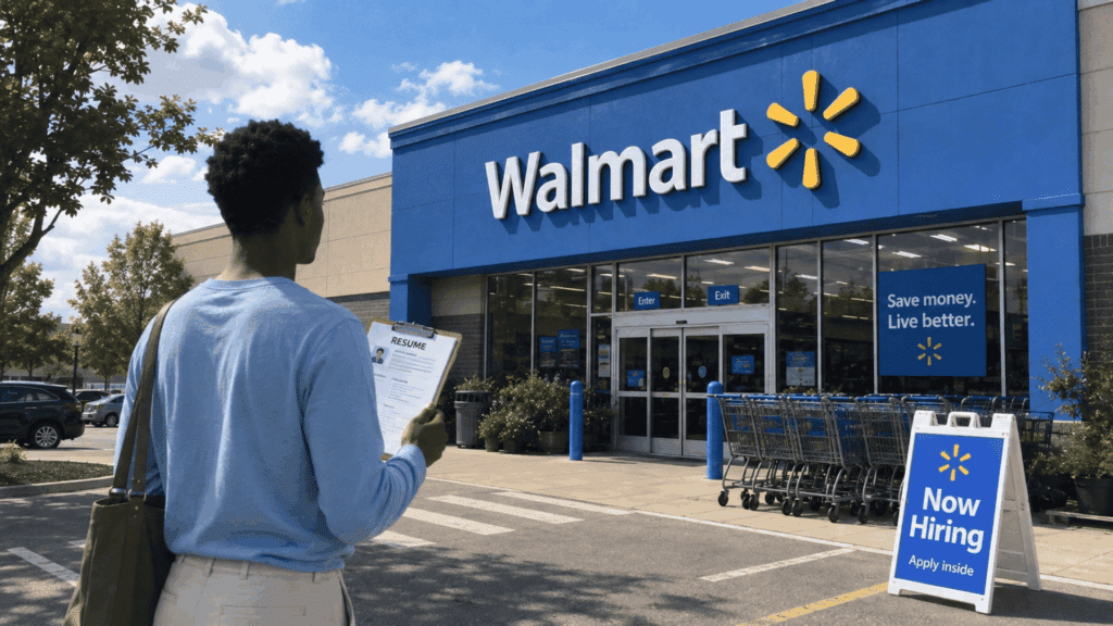 a job applicant holding a resume in front of Walmart