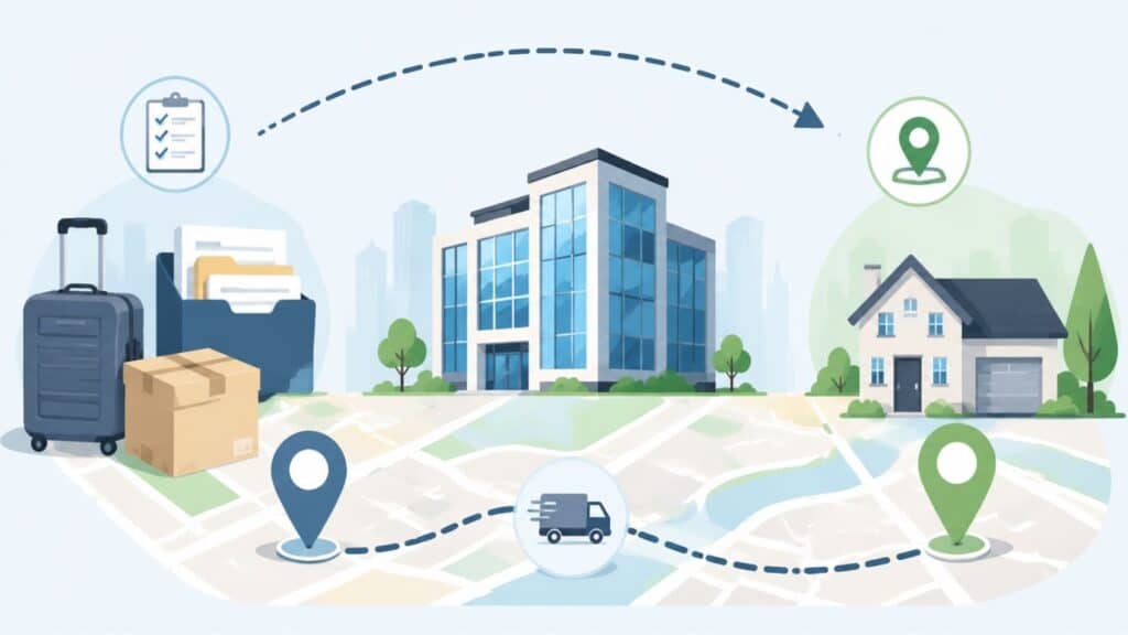employee relocation illustration showing workplace transfer, moving plans, and location-based workforce changes