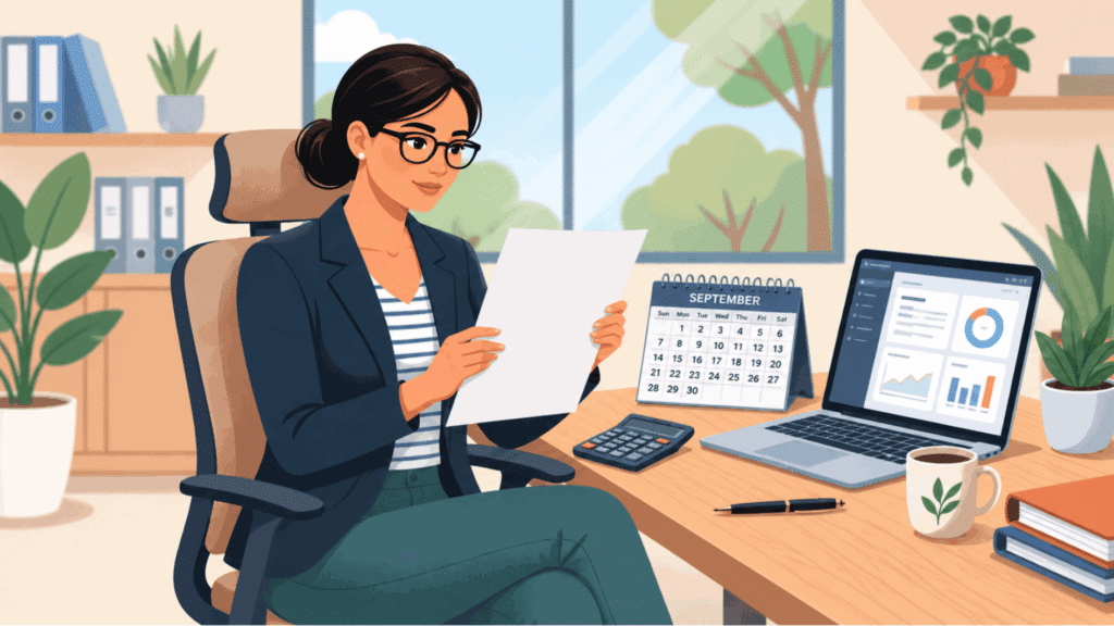 woman reviewing a paper beside a September calendar, calculator, and laptop displaying payroll data