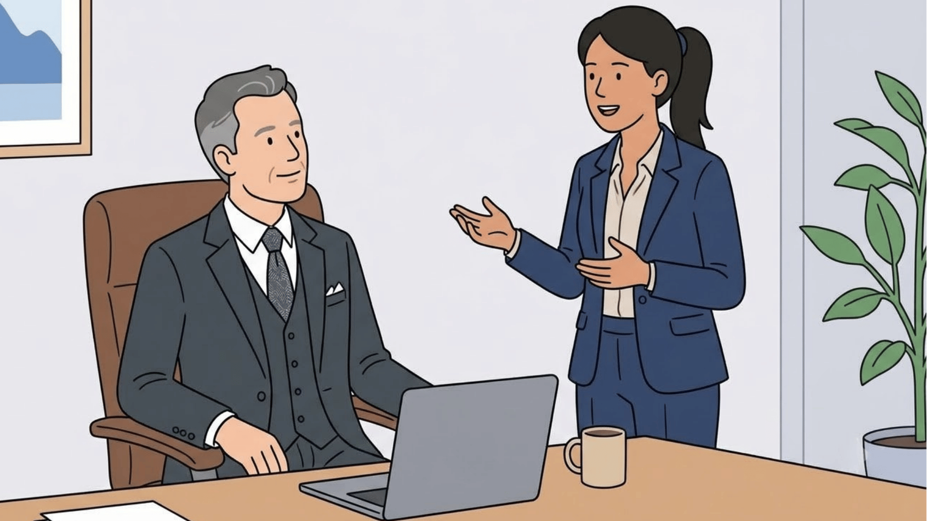 employee talks with a supervisor as an office team works in the company background under soft daylight