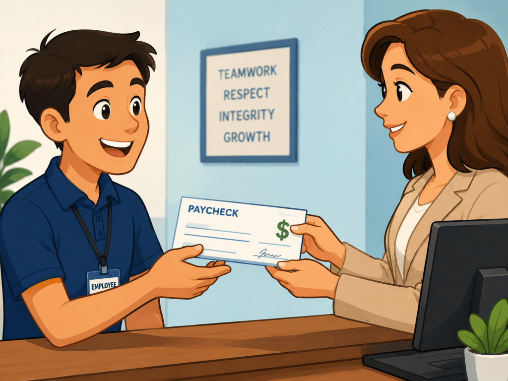 employer hands cash and a pay slip to an employee across a desk in a clean flat vector illustration