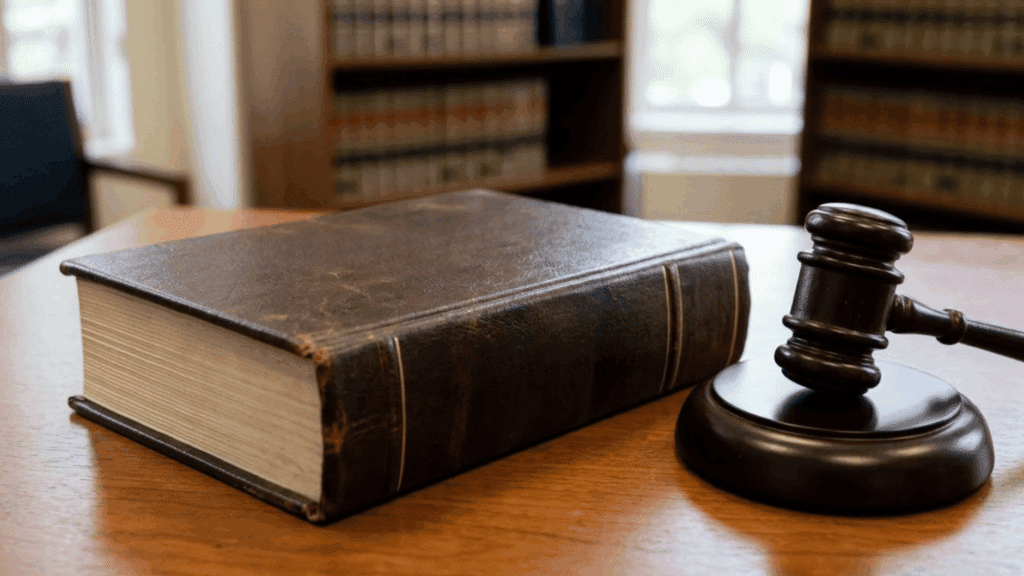 employment law book and wooden gavel resting on a desk inside a traditional legal office library setting