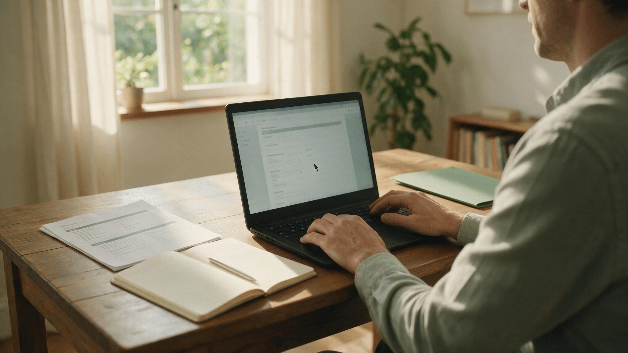 job applicant enters employer details on a laptop beside a resume and notebook in a clean home office