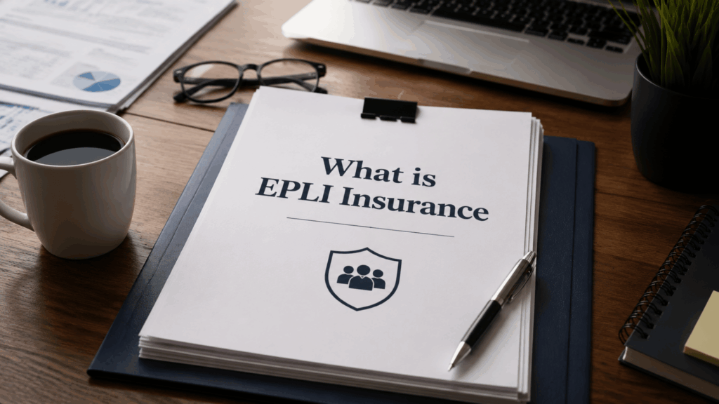 Document titled what is epli insurance on a desk with a shield icon, pen, laptop, coffee cup, and notebook