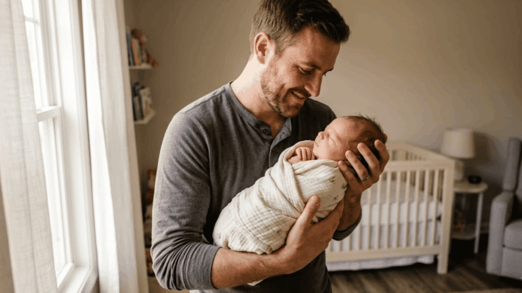 father gently holding newborn baby wrapped in a swaddle blanket while standing in a softly lit nursery near the crib
